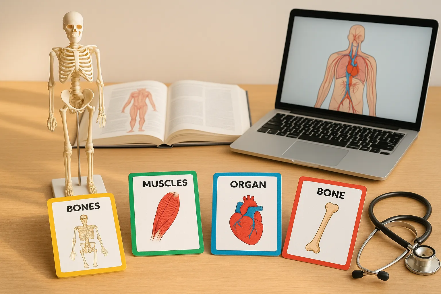 Mesa de estudo organizada com flashcards coloridos de anatomia, modelo de esqueleto humano, estetoscópio, livro aberto de anatomia e laptop em ambiente iluminado.
